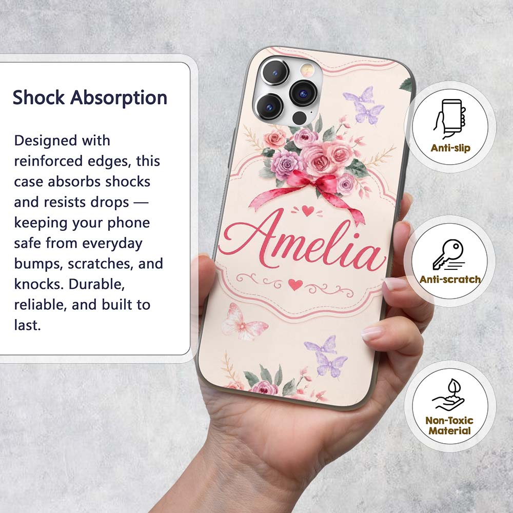 Cute Watercolor Roses Bouquet with Red Ribbon Custom Name Protective Phone Case Mobile Cover Durable Everyday Smartphone Shock Resistant