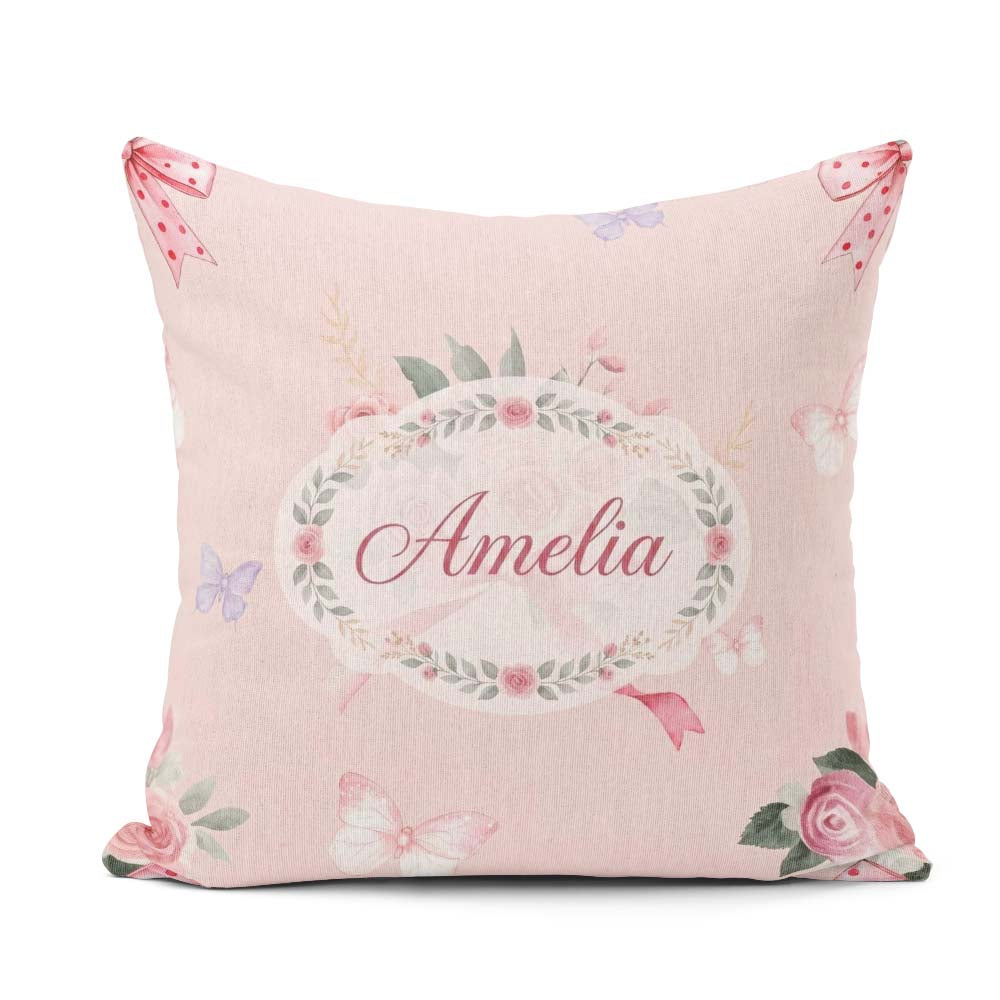 Custom Name Watercolor Roses Bouquet with Red Ribbon Warm Blush Square Filled Cushion Throw Pillow Sofa Bed Home Decor Zip Washable UK Made