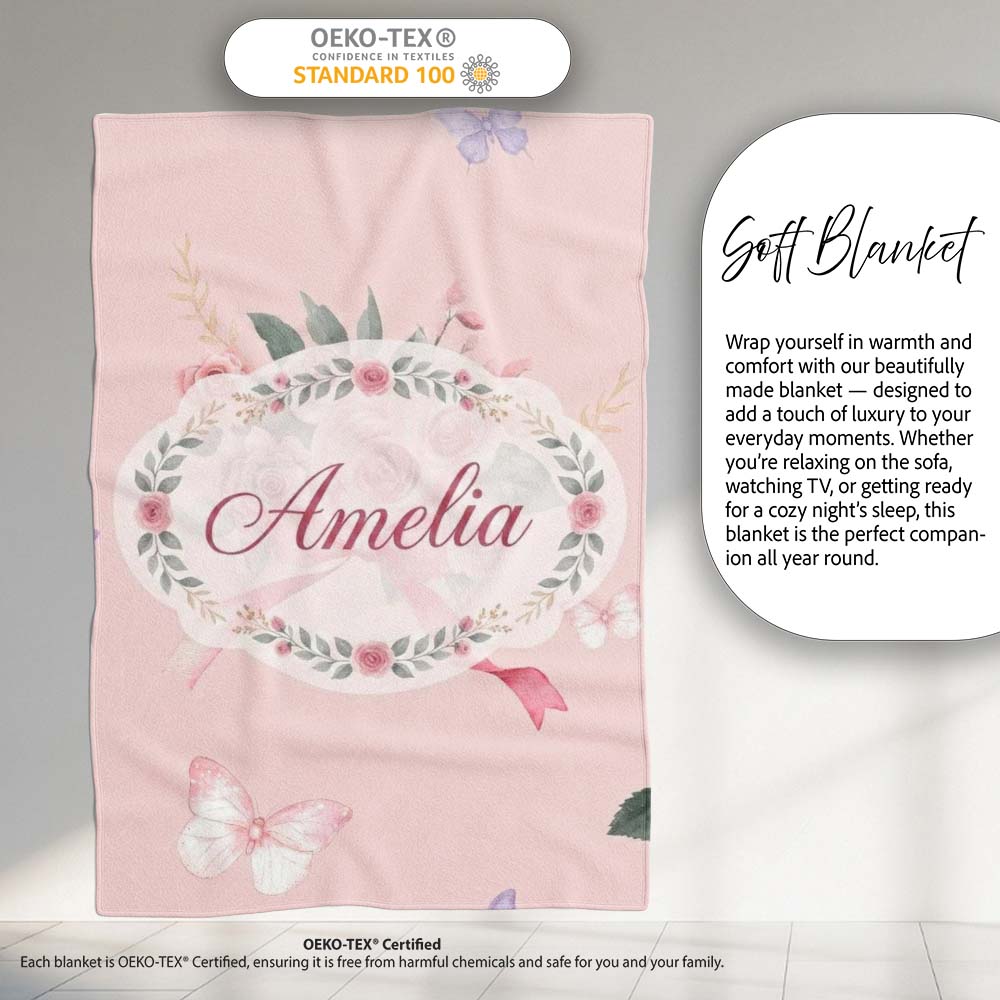 Cute Watercolor Roses Bouquet with Red Ribbon Warm Blush Background Personalised Custom Name Super Soft Fleece Blanket Bed Sofa Throw