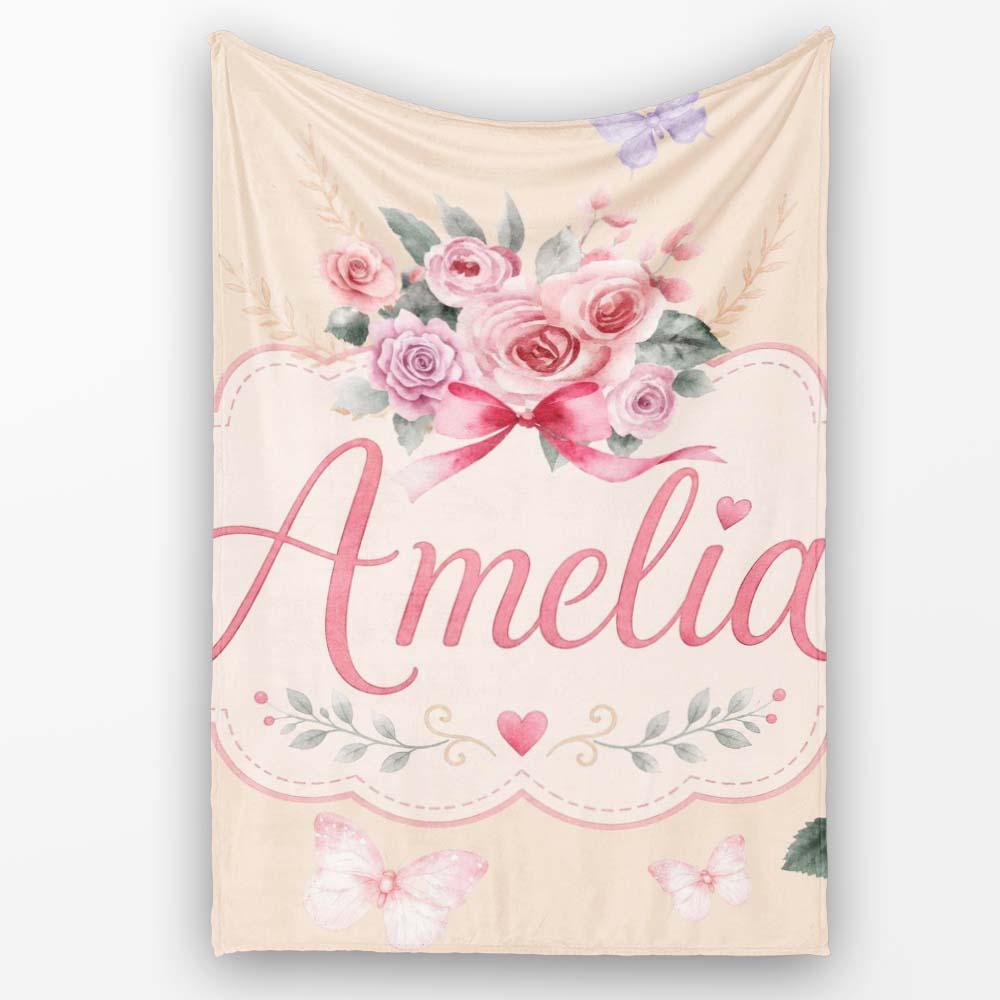 Cute Watercolor Roses Bouquet with Red Ribbon Warm Beige Background Personalised Custom Name Super Soft Fleece Blanket Bed Sofa Throw