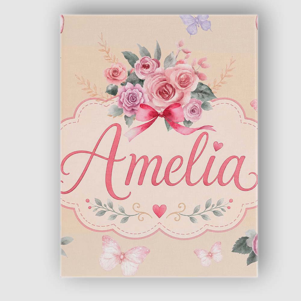 Personalised Name Cute Watercolor Roses Custom Modern Room Accent Elegant Feature Canvas Wall Art Print Decor Picture Ready to Hang