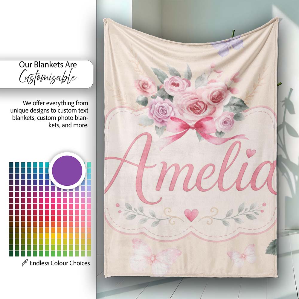 Cute Watercolor Roses Bouquet with Red Ribbon Warm Beige Background Personalised Custom Name Super Soft Fleece Blanket Bed Sofa Throw