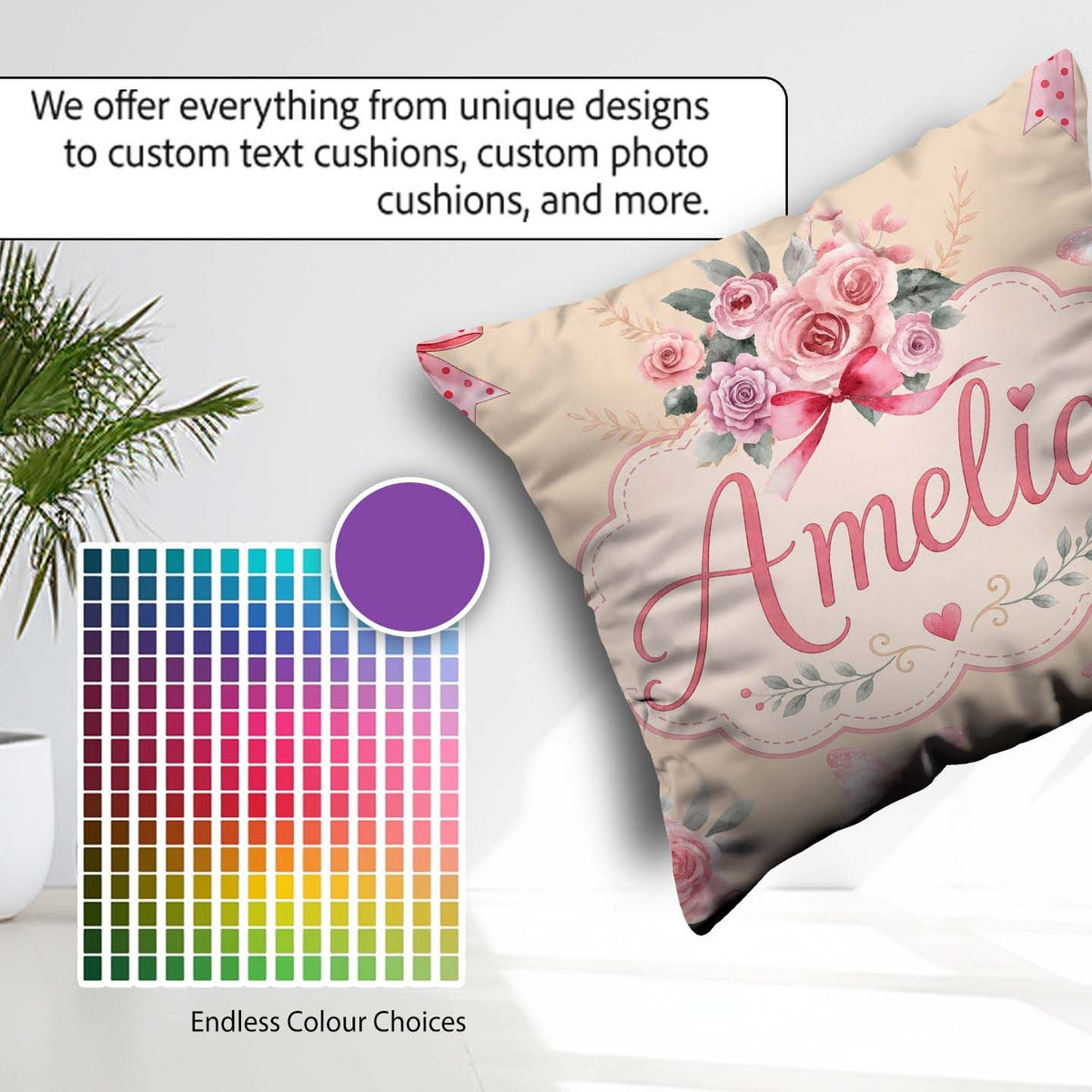 Custom Name Watercolor Roses Bouquet with Red Ribbon Warm Beige Square Filled Cushion Throw Pillow Sofa Bed Home Decor Zip Washable UK Made