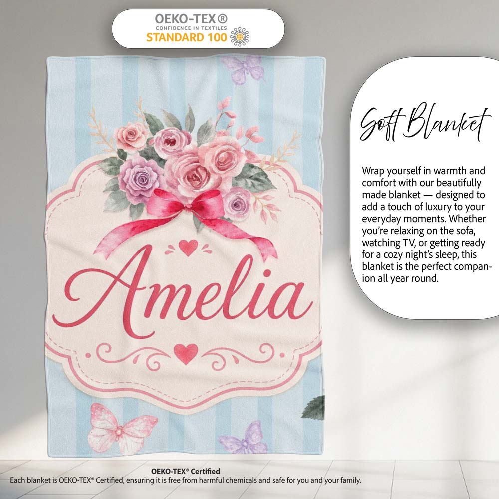 Cute Watercolor Roses Bouquet with Red Ribbon Soft Blue Stripe Personalised Custom Name Super Soft Fleece Blanket Bed Sofa Throw