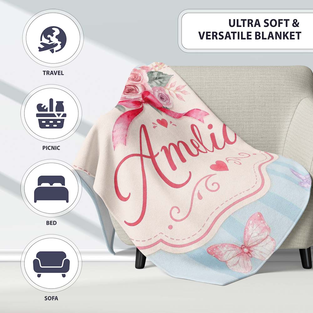 Cute Watercolor Roses Bouquet with Red Ribbon Soft Blue Stripe Personalised Custom Name Super Soft Fleece Blanket Bed Sofa Throw