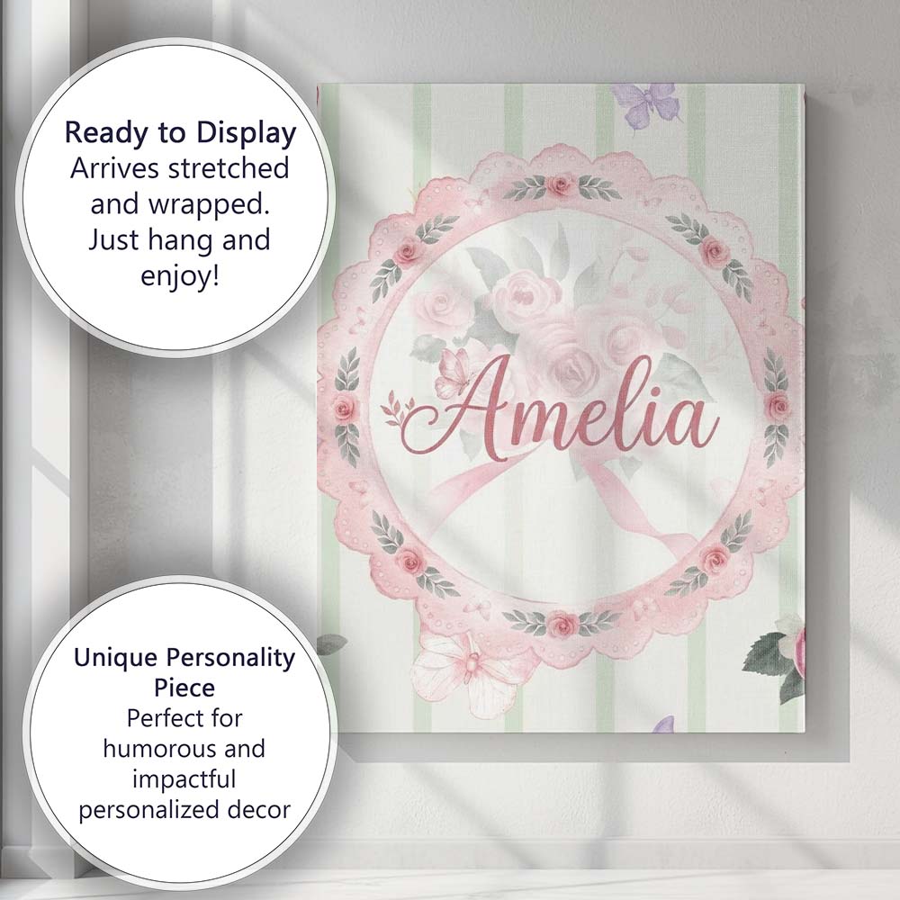 Personalised Name Cute Watercolor Roses Custom Modern Room Accent Elegant Feature Canvas Wall Art Print Decor Picture Ready to Hang