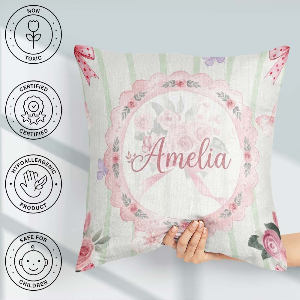 Custom Name Cute Roses Bouquet with Red Ribbon Sage Green Stripe Square Filled Cushion Throw Pillow Sofa Bed Home Decor Zip Washable UK Made