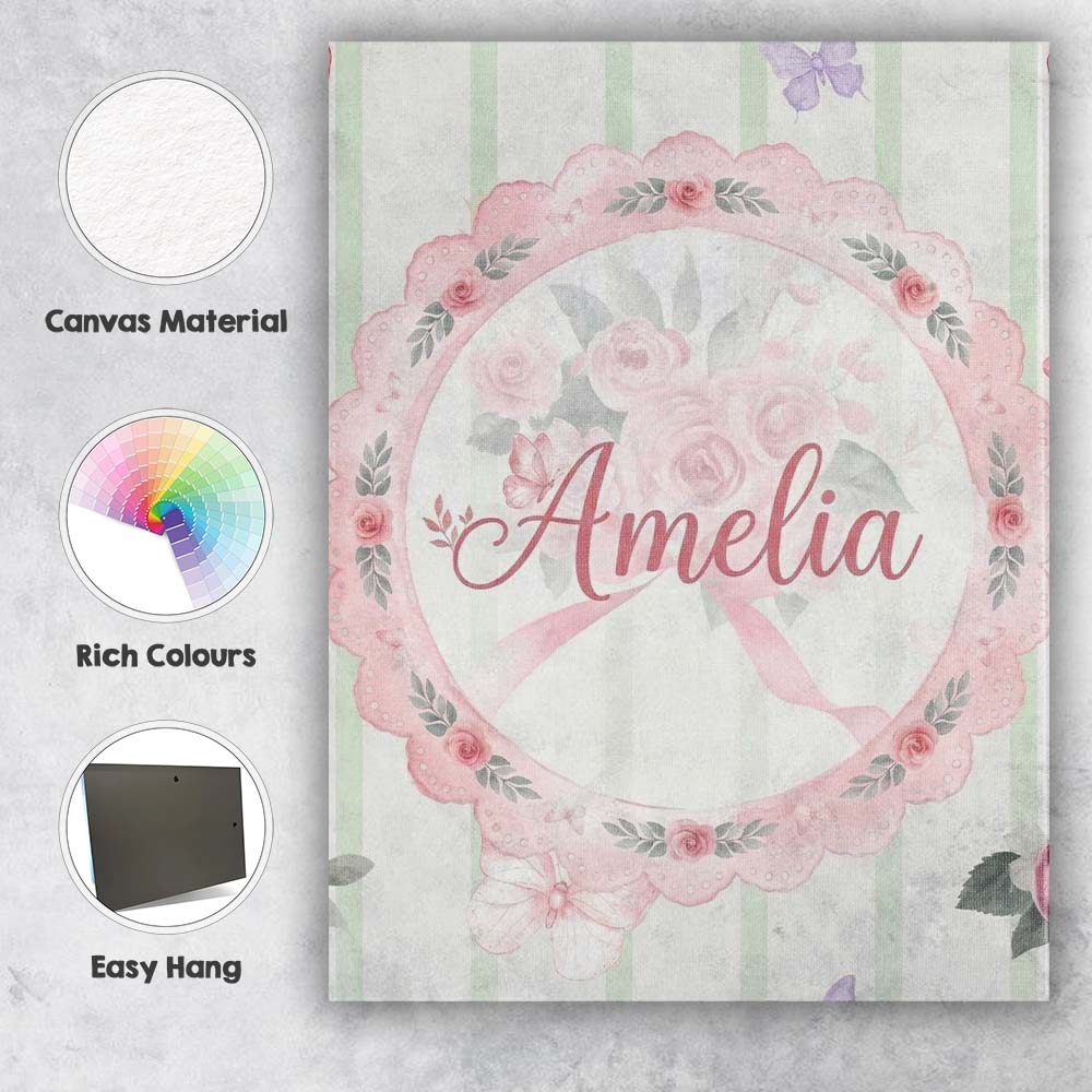 Personalised Name Cute Watercolor Roses Custom Modern Room Accent Elegant Feature Canvas Wall Art Print Decor Picture Ready to Hang