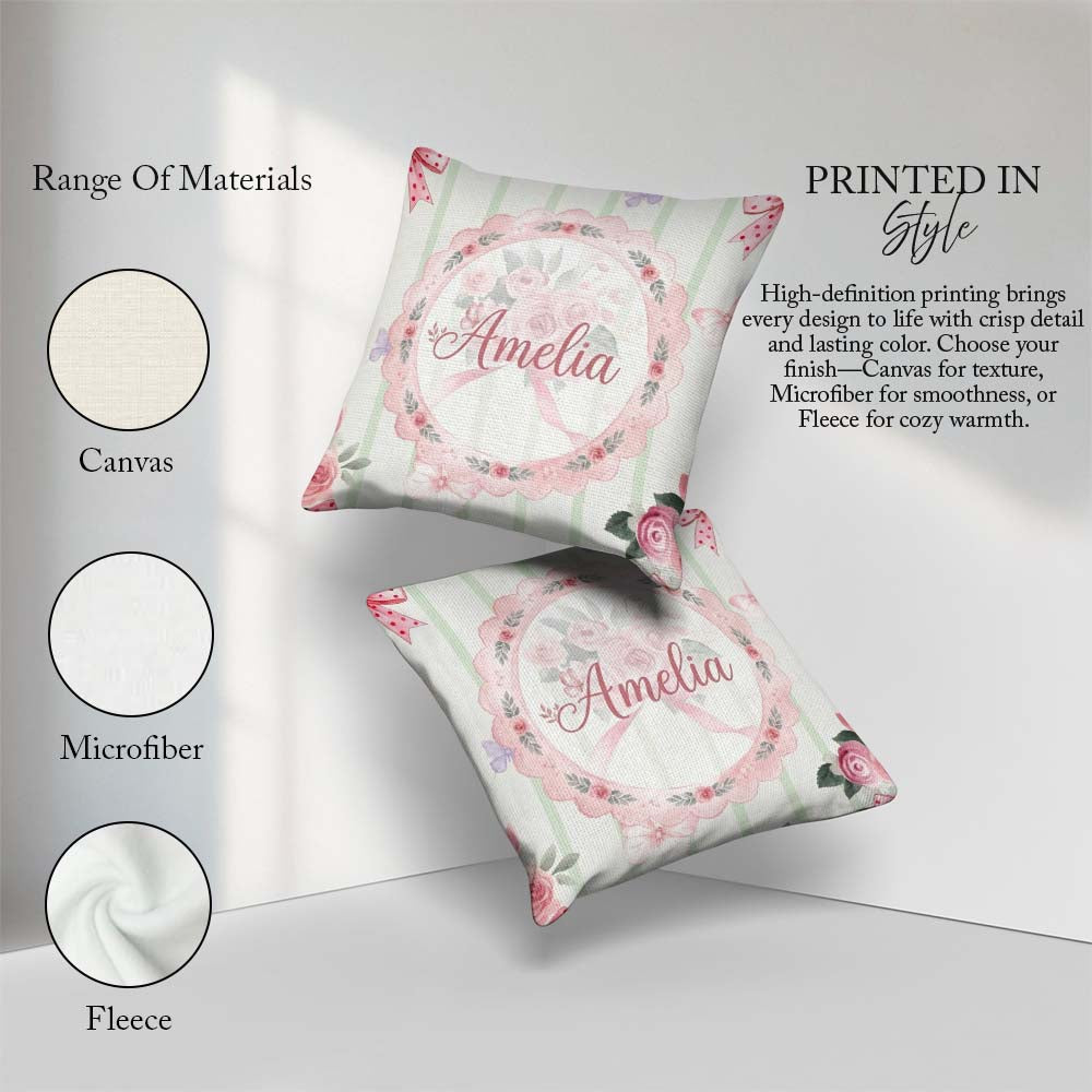 Custom Name Cute Roses Bouquet with Red Ribbon Sage Green Stripe Square Filled Cushion Throw Pillow Sofa Bed Home Decor Zip Washable UK Made