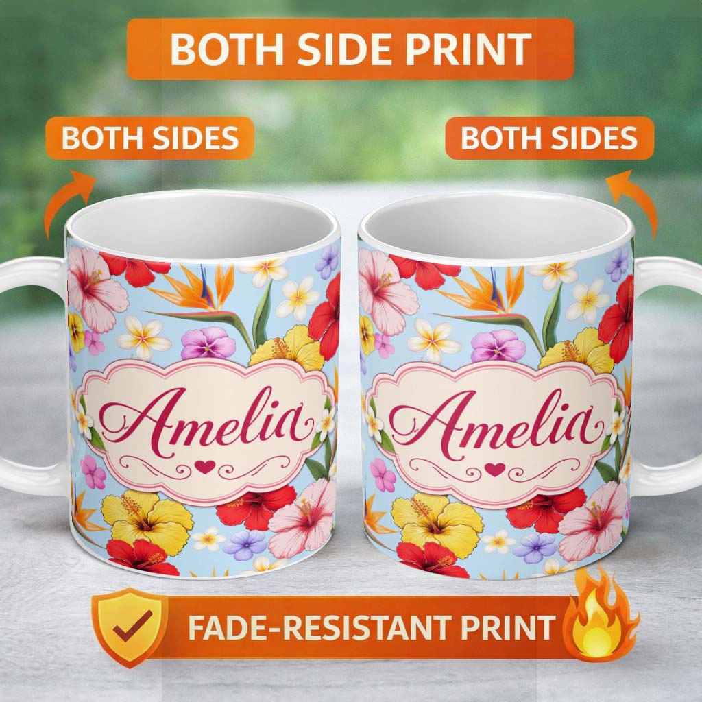 Personalized Custom Name Tropical Hibiscus Bird of Paradise Seamless Pattern Blue Background 11oz Ceramic Coffee Tea Mug White Large Handle