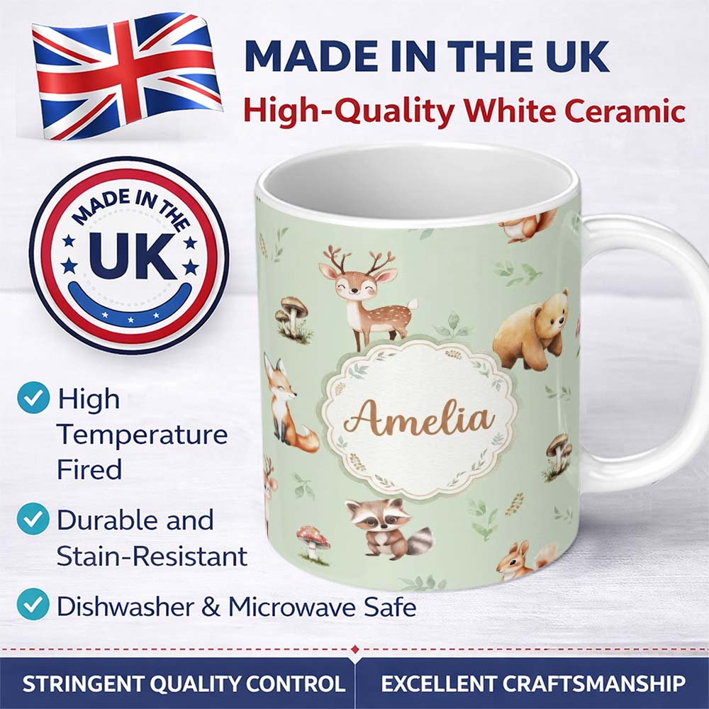 Personalized Custom Name Forest Animals Bear Deer Fox Owl Raccoon on Sage Green Seamless 11oz Ceramic Coffee Tea Mug White Large Handle