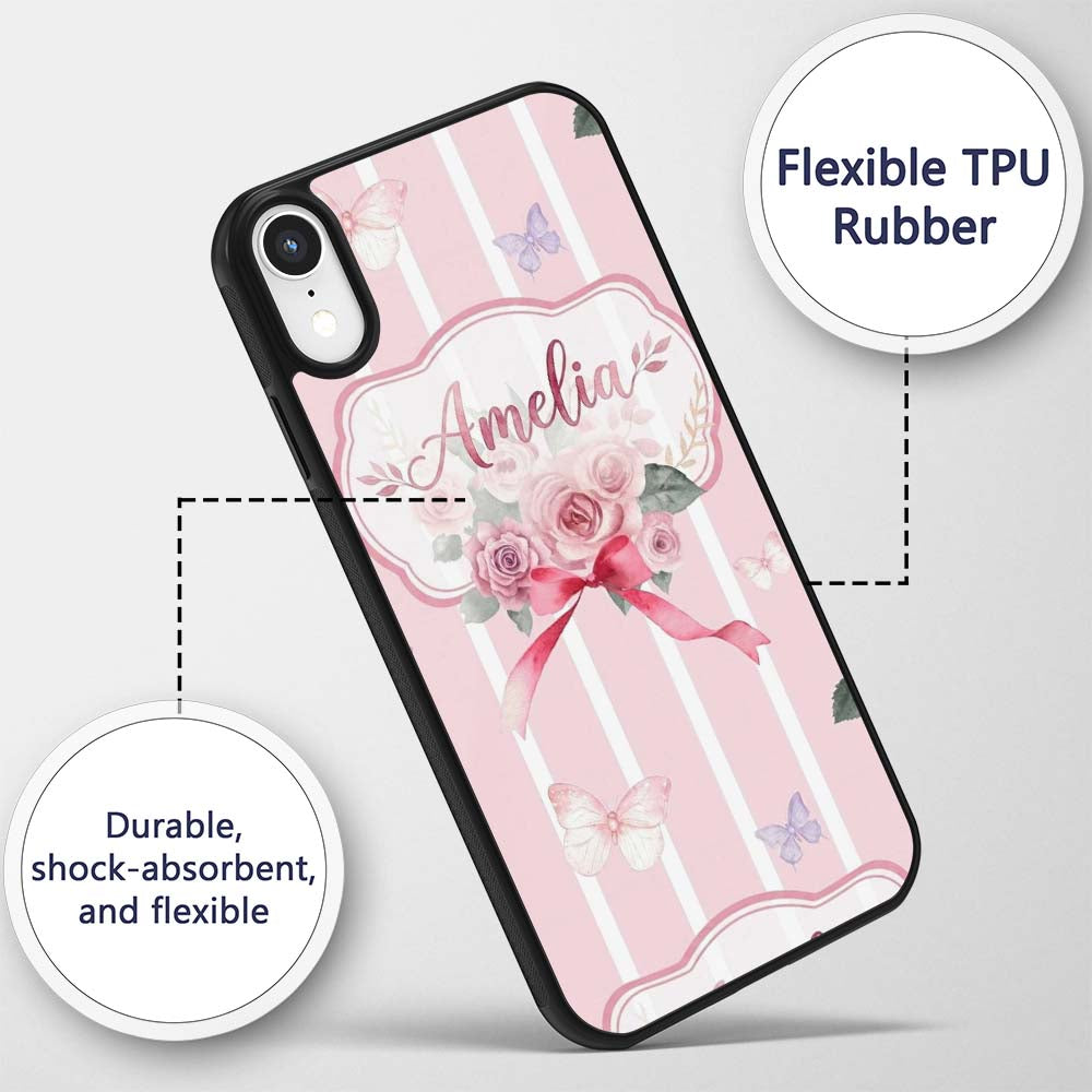 Cute Watercolor Roses Bouquet with Red Ribbon Custom Name Protective Phone Case Mobile Cover Durable Everyday Smartphone Shock Resistant