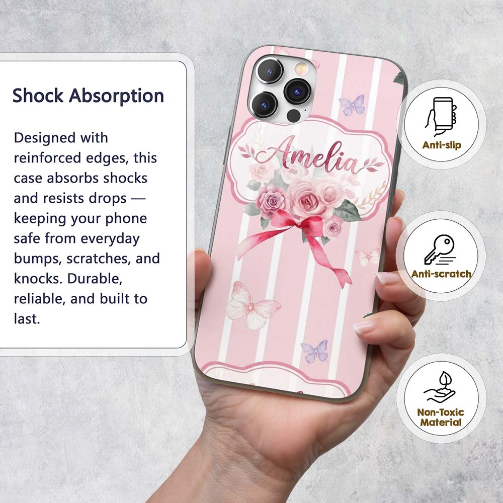 Cute Watercolor Roses Bouquet with Red Ribbon Custom Name Protective Phone Case Mobile Cover Durable Everyday Smartphone Shock Resistant