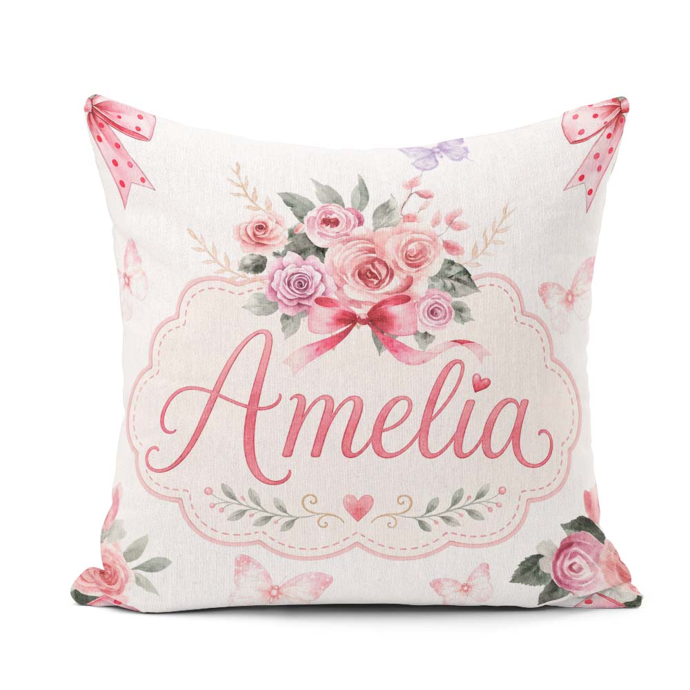 Custom Name Watercolor Roses Bouquet with Red Ribbon Light Grey Square Filled Cushion Throw Pillow Sofa Bed Home Decor Zip Washable UK Made