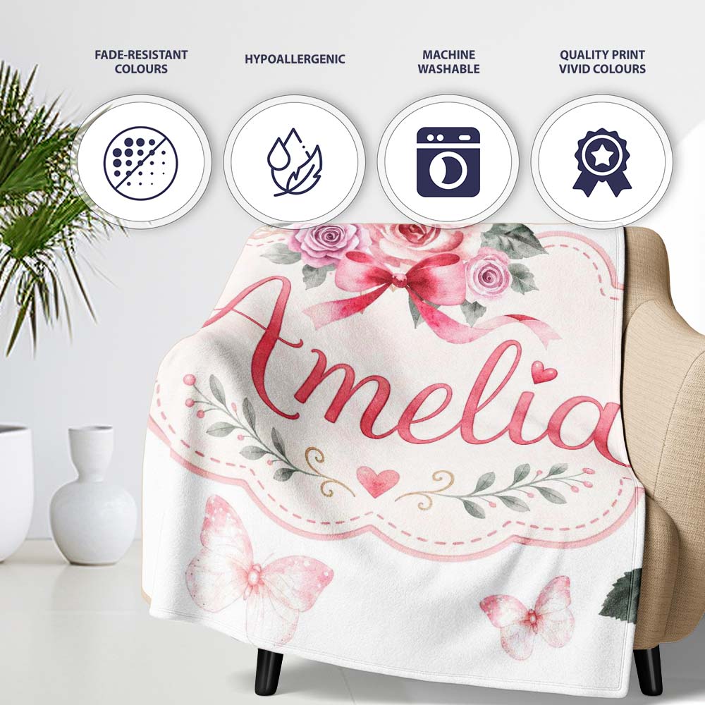 Cute Watercolor Roses Bouquet with Red Ribbon Light Grey Background Personalised Custom Name Super Soft Fleece Blanket Bed Sofa Throw