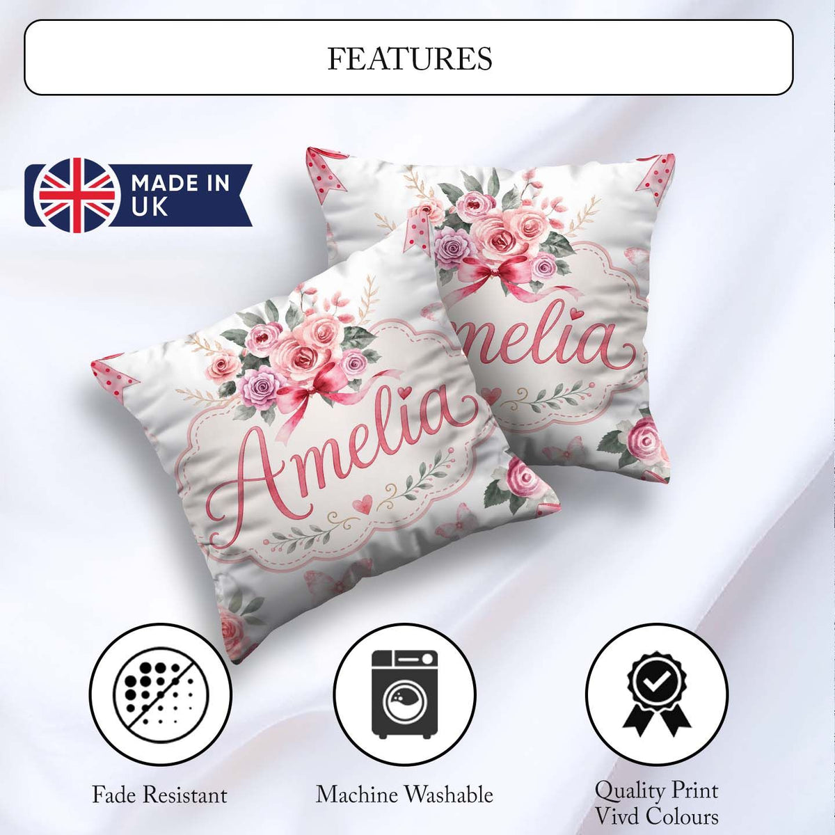Custom Name Watercolor Roses Bouquet with Red Ribbon Light Grey Square Filled Cushion Throw Pillow Sofa Bed Home Decor Zip Washable UK Made
