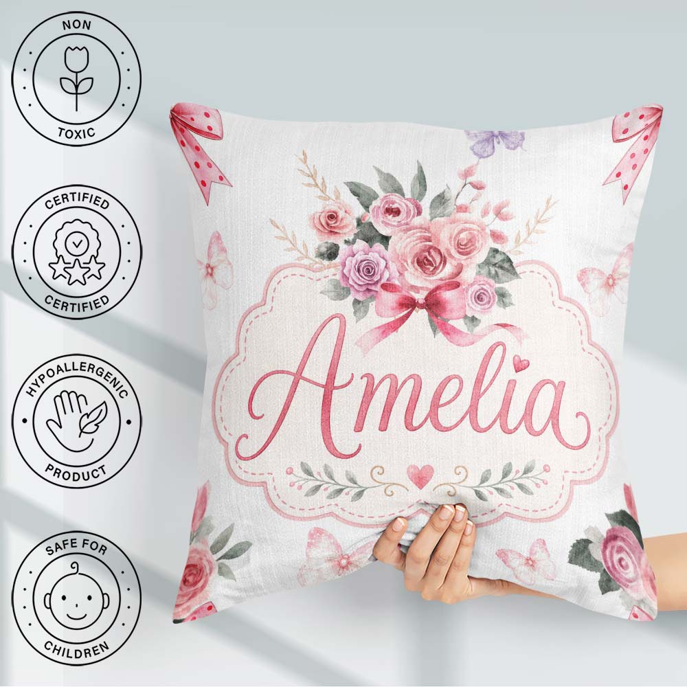 Custom Name Watercolor Roses Bouquet with Red Ribbon Light Grey Square Filled Cushion Throw Pillow Sofa Bed Home Decor Zip Washable UK Made