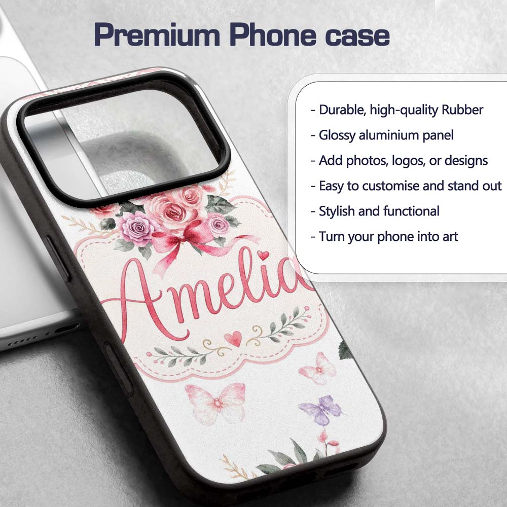 Cute Watercolor Roses Bouquet with Red Ribbon Custom Name Protective Phone Case Mobile Cover Durable Everyday Smartphone Shock Resistant
