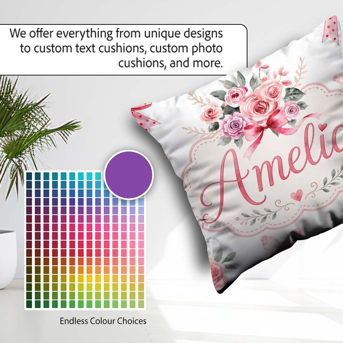 Custom Name Watercolor Roses Bouquet with Red Ribbon Light Grey Square Filled Cushion Throw Pillow Sofa Bed Home Decor Zip Washable UK Made