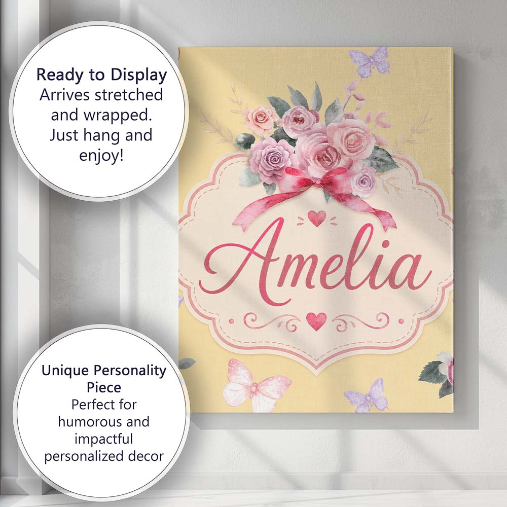 Personalised Name Cute Watercolor Roses Custom Modern Room Accent Elegant Feature Canvas Wall Art Print Decor Picture Ready to Hang