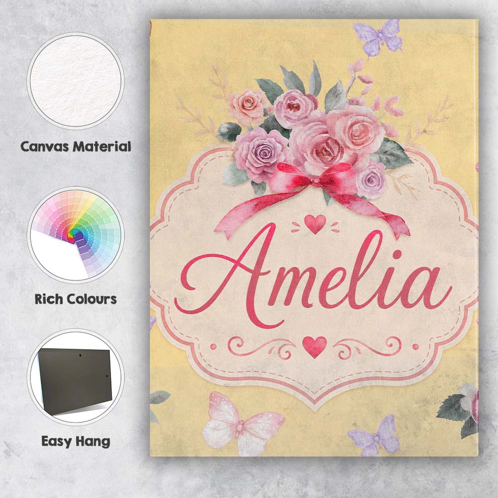 Personalised Name Cute Watercolor Roses Custom Modern Room Accent Elegant Feature Canvas Wall Art Print Decor Picture Ready to Hang
