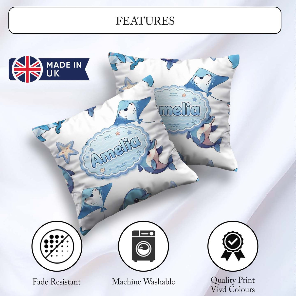 Custom Name Dolphin Stingray Starfish Ocean Sea Life Light Grey Square Filled Cushion Throw Pillow Sofa Bed Home Decor Zip Washable UK Made