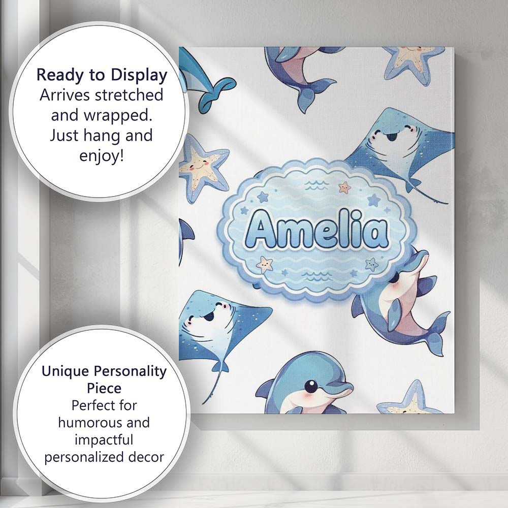 Personalised Name Cute Dolphin Stingray Starfish Ocean Sea Life Custom Statement Canvas Wall Art Print Decor Picture Ready to Hang