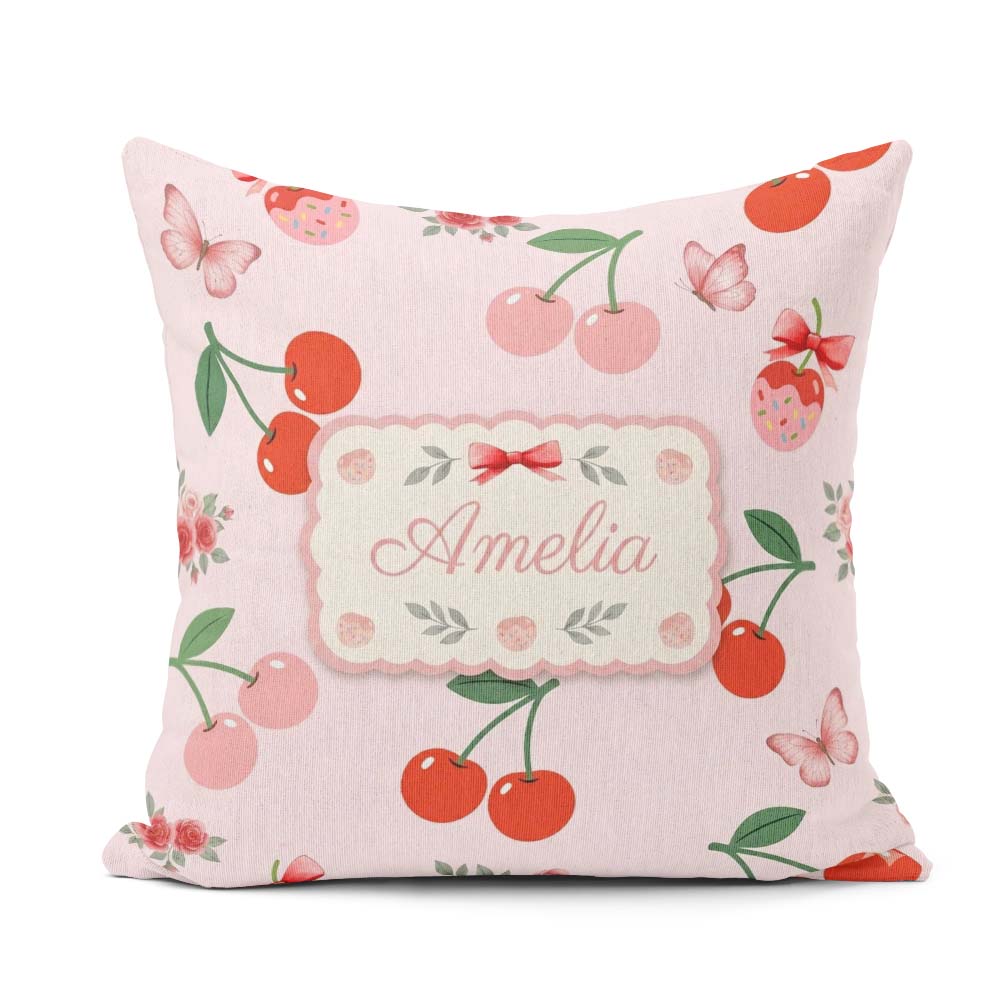 Custom Name Cherry Fruit with Bow and Seamless Pattern Soft Pink Square Filled Cushion Throw Pillow Sofa Bed Home Decor Zip Washable UK Made