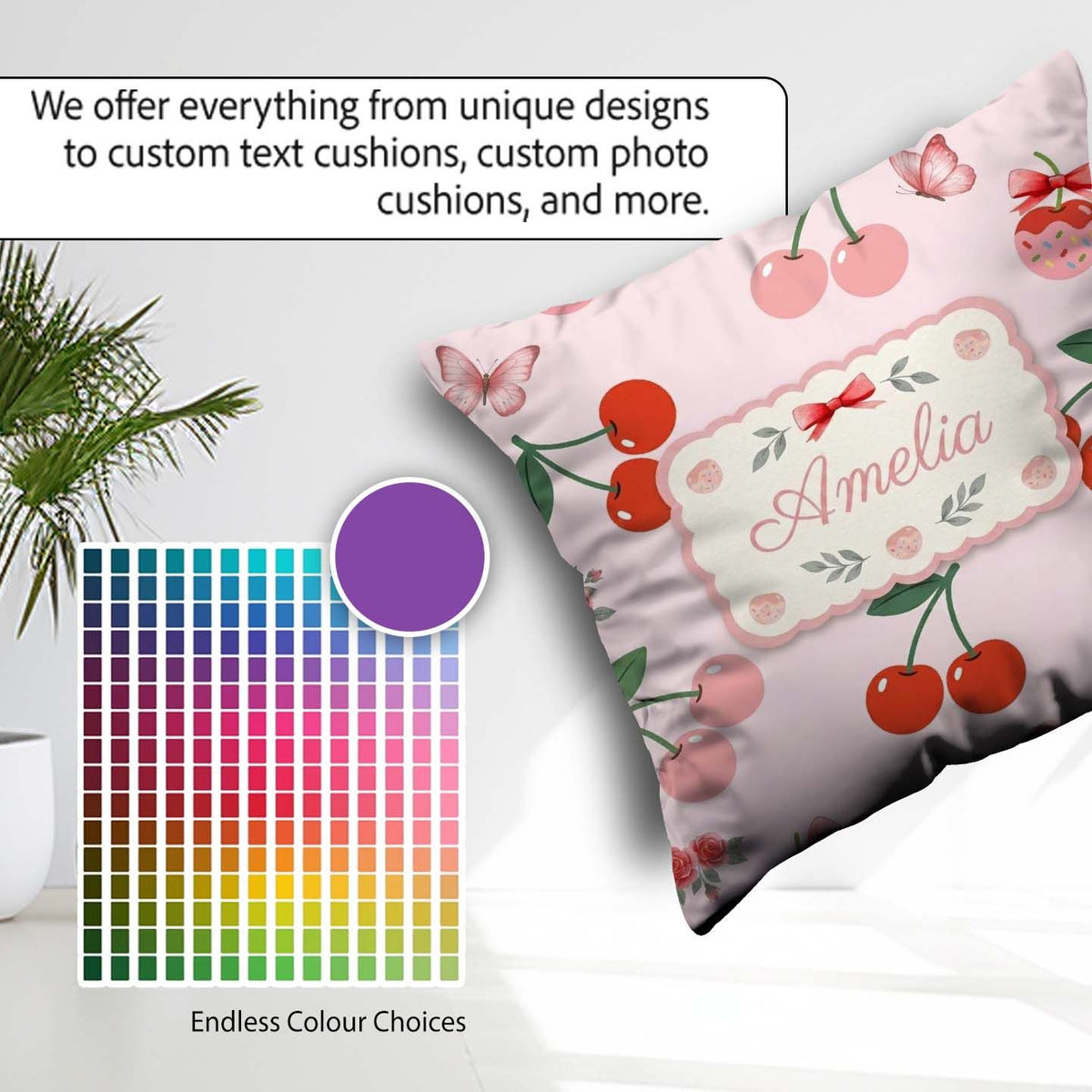 Custom Name Cherry Fruit with Bow and Seamless Pattern Soft Pink Square Filled Cushion Throw Pillow Sofa Bed Home Decor Zip Washable UK Made