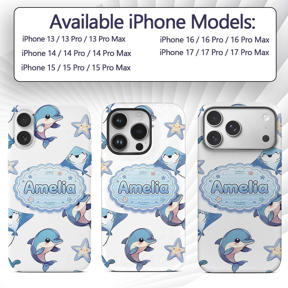 Cute Dolphin Stingray Starfish Ocean Sea Life Custom Name Protective Phone Case Mobile Cover Durable Everyday Smartphone Shock Resistant