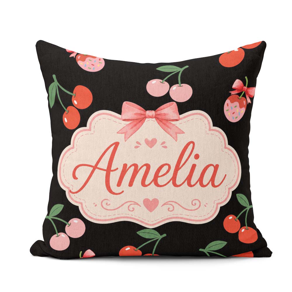 Custom Name Cherry Fruit with Bow and Sprinkles Seamless Pattern Square Filled Cushion Throw Pillow Sofa Bed Home Decor Zip Washable UK Made