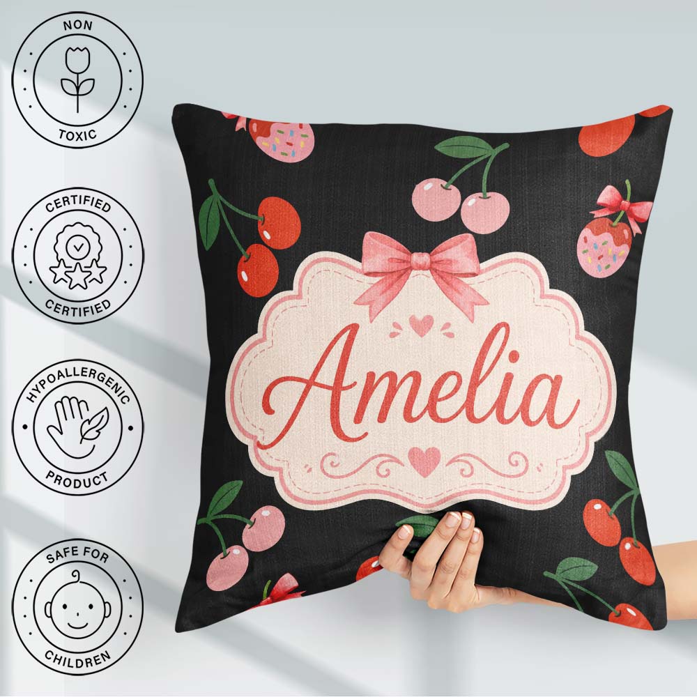 Custom Name Cherry Fruit with Bow and Sprinkles Seamless Pattern Square Filled Cushion Throw Pillow Sofa Bed Home Decor Zip Washable UK Made