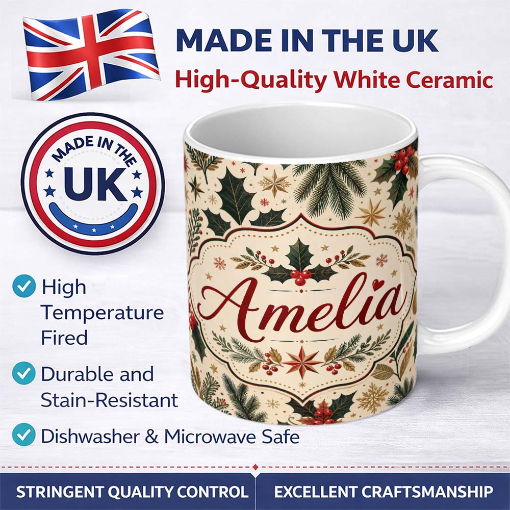 Personalized Custom Name Elegant Christmas Holly Leaves with Berries and Stars Festive Lovely 11oz Ceramic Coffee Tea Mug White Large Handle