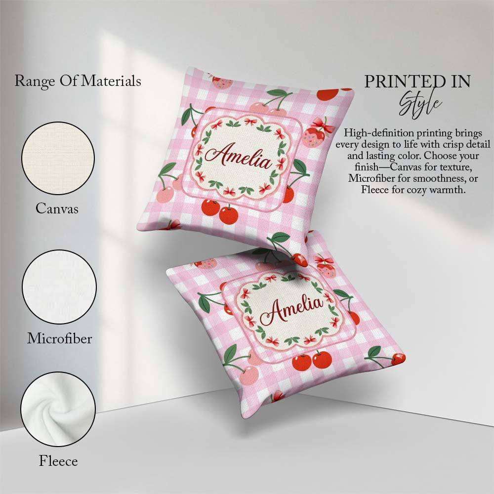 Custom Name Cherry Fruit with Bow and Pattern Pink Gingham Check Square Filled Cushion Throw Pillow Sofa Bed Home Decor Zip Washable UK Made