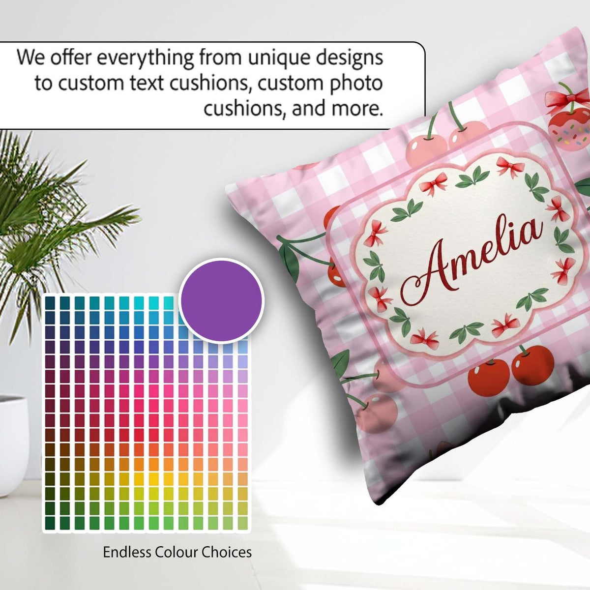 Custom Name Cherry Fruit with Bow and Pattern Pink Gingham Check Square Filled Cushion Throw Pillow Sofa Bed Home Decor Zip Washable UK Made