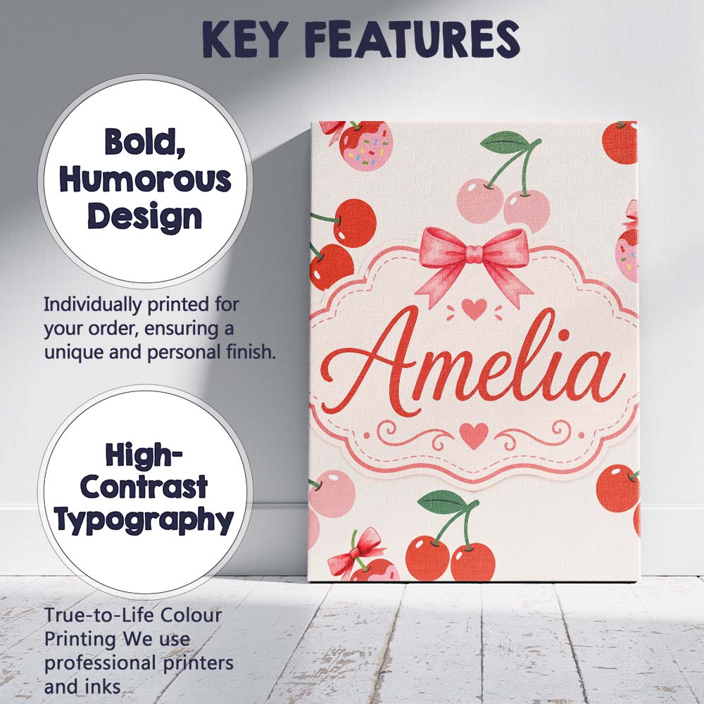 Personalised Name Cute Cherry Fruit with Custom Unique Gift Idea Elegant Feature Canvas Wall Art Print Decor Picture Ready to Hang