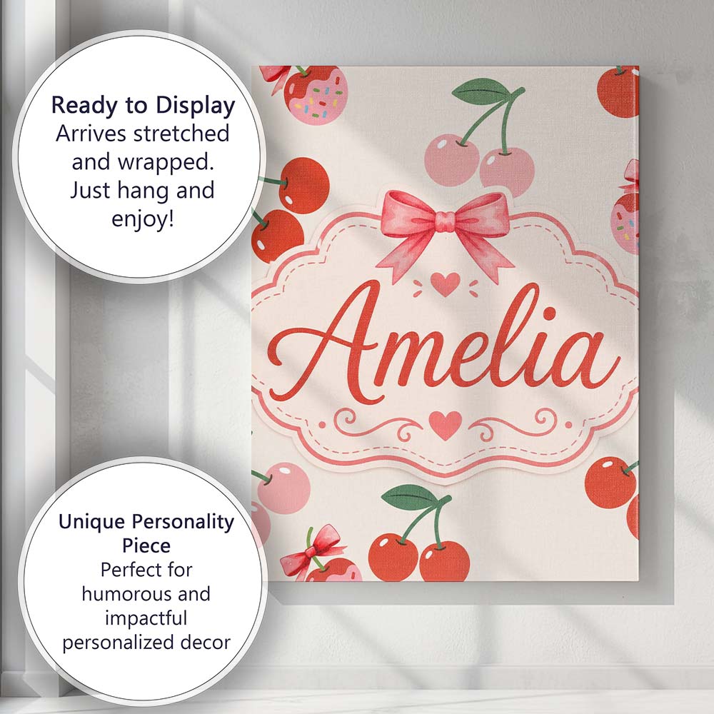 Personalised Name Cute Cherry Fruit with Custom Unique Gift Idea Elegant Feature Canvas Wall Art Print Decor Picture Ready to Hang
