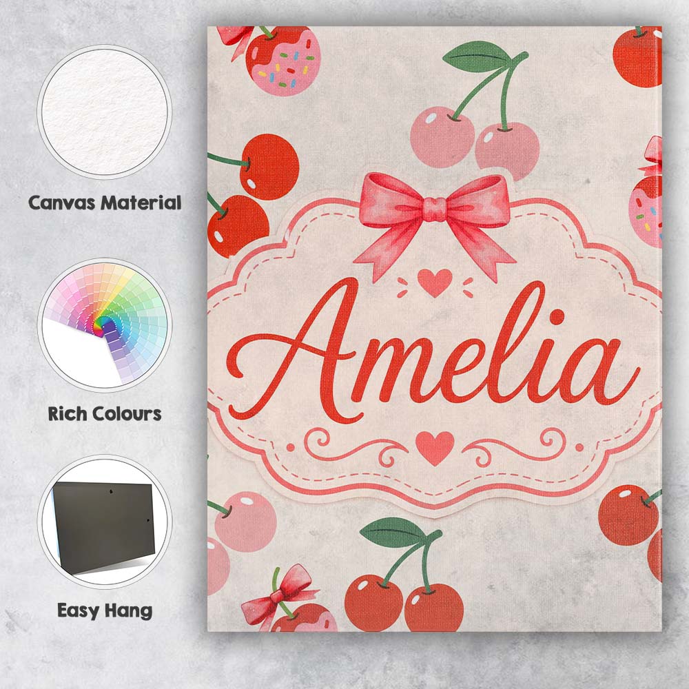 Personalised Name Cute Cherry Fruit with Custom Unique Gift Idea Elegant Feature Canvas Wall Art Print Decor Picture Ready to Hang