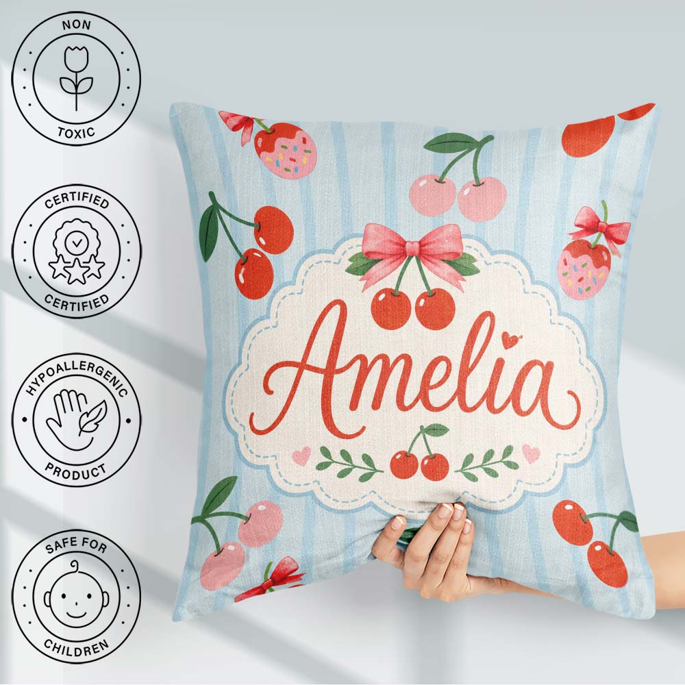 Custom Name Cute Cherry Fruit with Bow and Sprinkles Blue Stripe Square Filled Cushion Throw Pillow Sofa Bed Home Decor Zip Washable UK Made