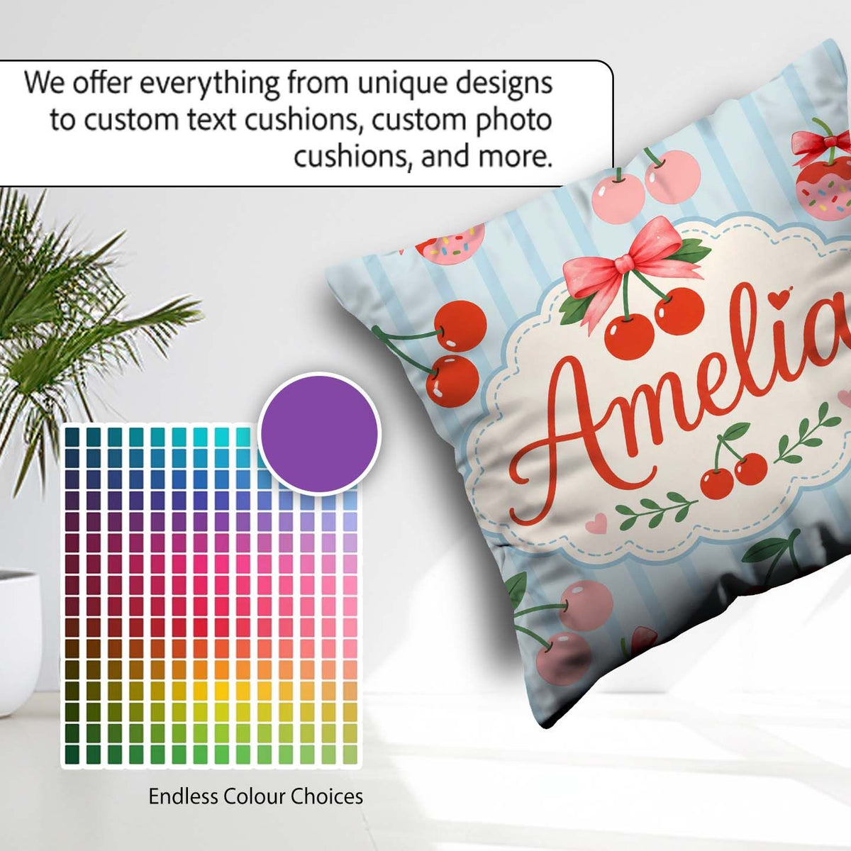 Custom Name Cute Cherry Fruit with Bow and Sprinkles Blue Stripe Square Filled Cushion Throw Pillow Sofa Bed Home Decor Zip Washable UK Made