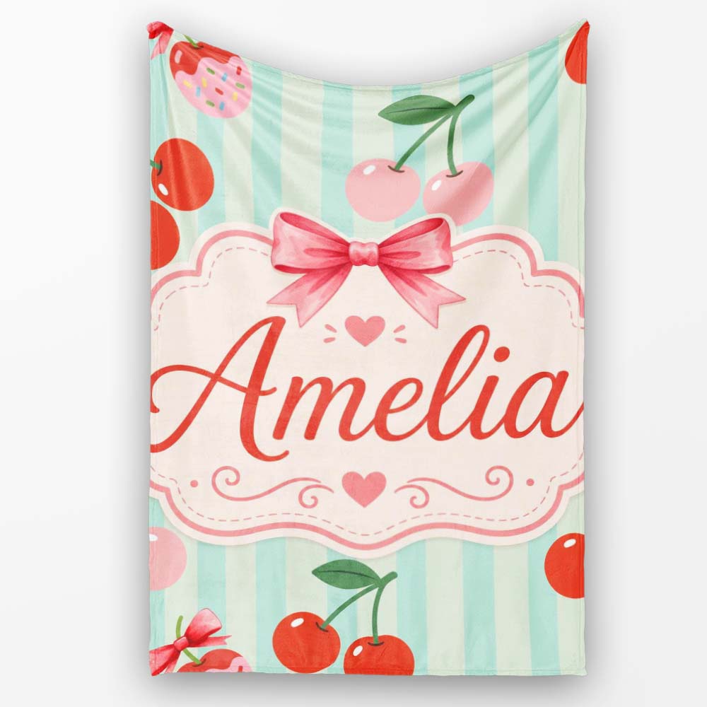 Cute Cherry Fruit with Bow and Sprinkles Pattern Mint Stripe Lovely Personalised Custom Name Super Soft Fleece Blanket Bed Sofa Throw