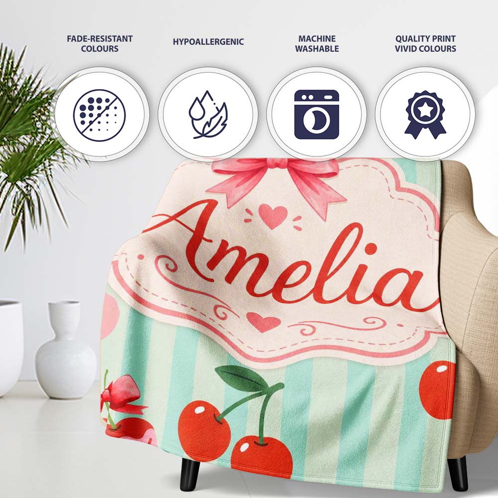 Cute Cherry Fruit with Bow and Sprinkles Pattern Mint Stripe Lovely Personalised Custom Name Super Soft Fleece Blanket Bed Sofa Throw