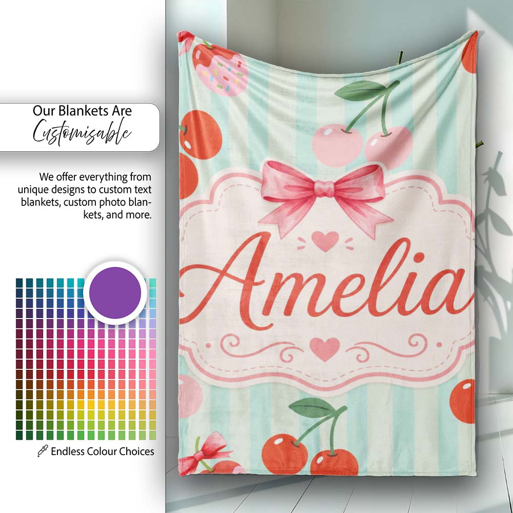 Cute Cherry Fruit with Bow and Sprinkles Pattern Mint Stripe Lovely Personalised Custom Name Super Soft Fleece Blanket Bed Sofa Throw
