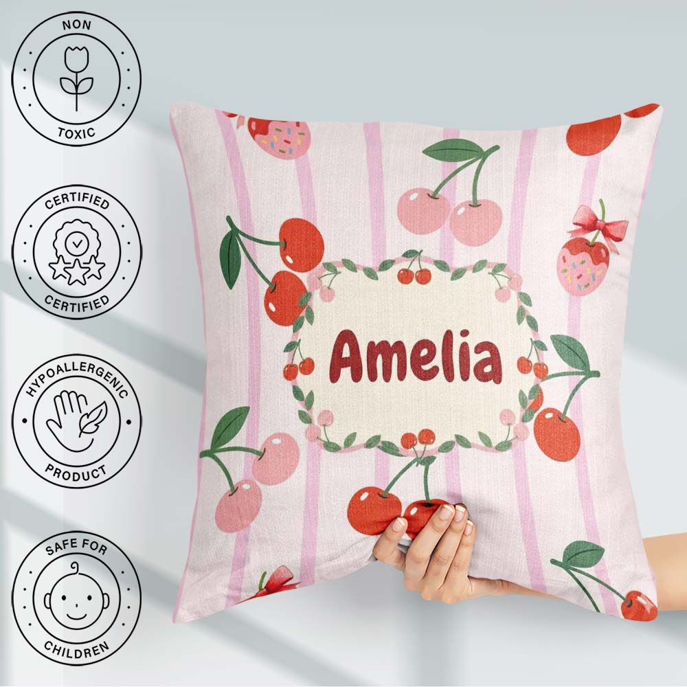 Custom Name Cute Cherry Fruit with Bow and Sprinkles Pink Stripe Square Filled Cushion Throw Pillow Sofa Bed Home Decor Zip Washable UK Made