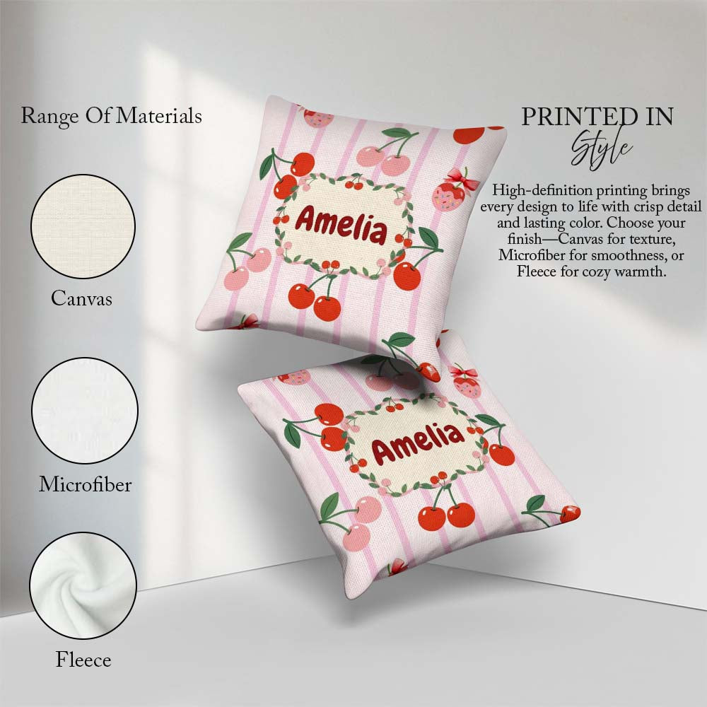Custom Name Cute Cherry Fruit with Bow and Sprinkles Pink Stripe Square Filled Cushion Throw Pillow Sofa Bed Home Decor Zip Washable UK Made