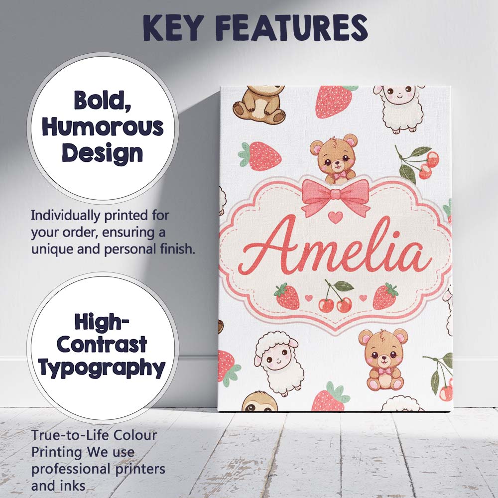 Personalised Name Cute Animals Bear Custom Stylish Home Interior Elegant Feature Canvas Wall Art Print Decor Picture Ready to Hang