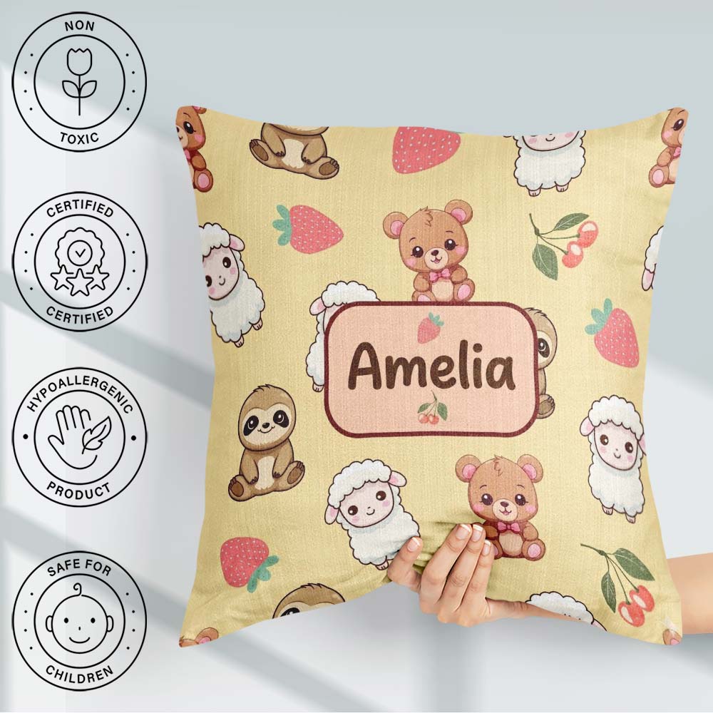 Custom Name Cute Animals Bear Sloth Sheep Strawberry Warm Beige Square Filled Cushion Throw Pillow Sofa Bed Home Decor Zip Washable UK Made