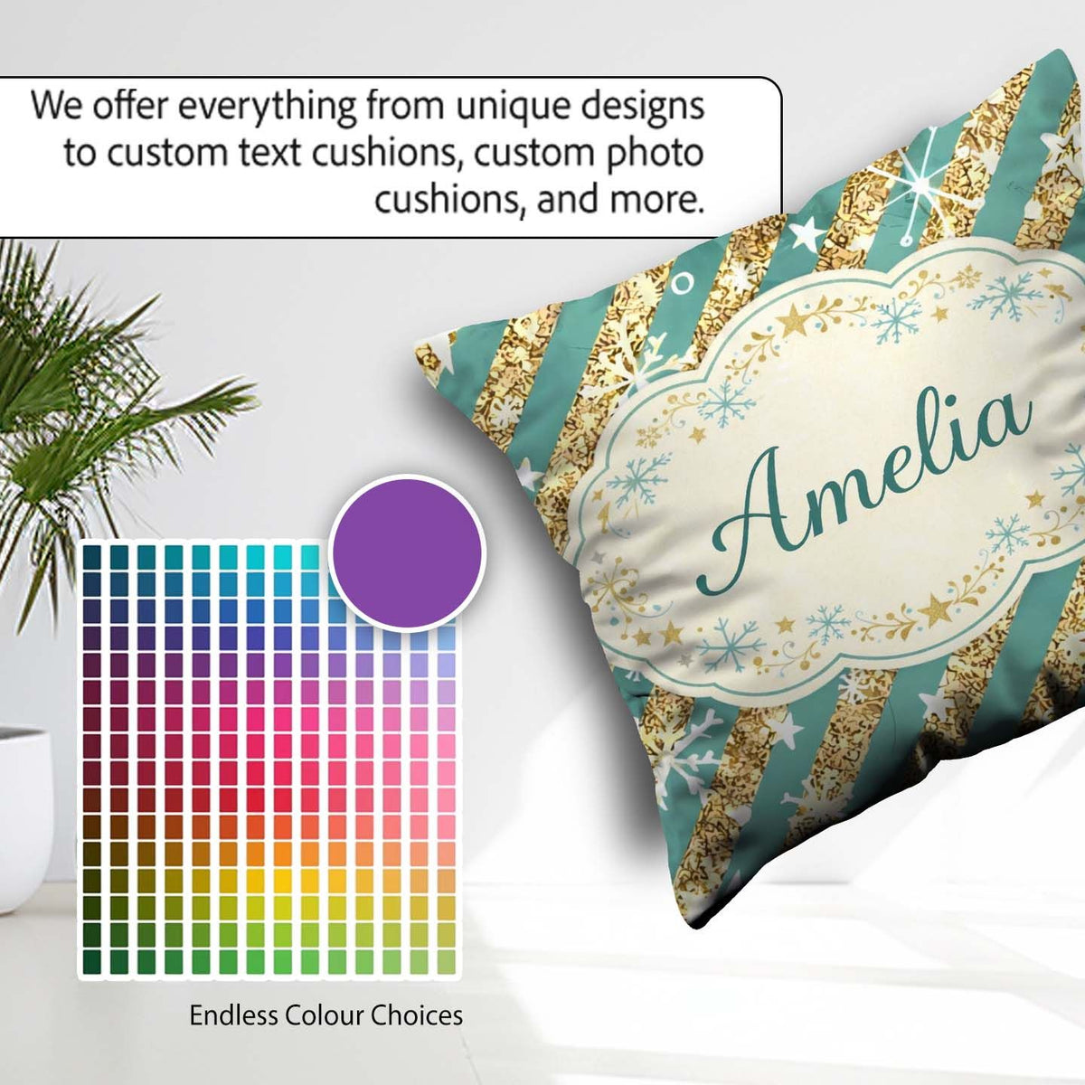 Custom Name Gold Glitter Stripe Stars Snowflakes Festive Pattern Square Filled Cushion Throw Pillow Sofa Bed Home Decor Zip Washable UK Made