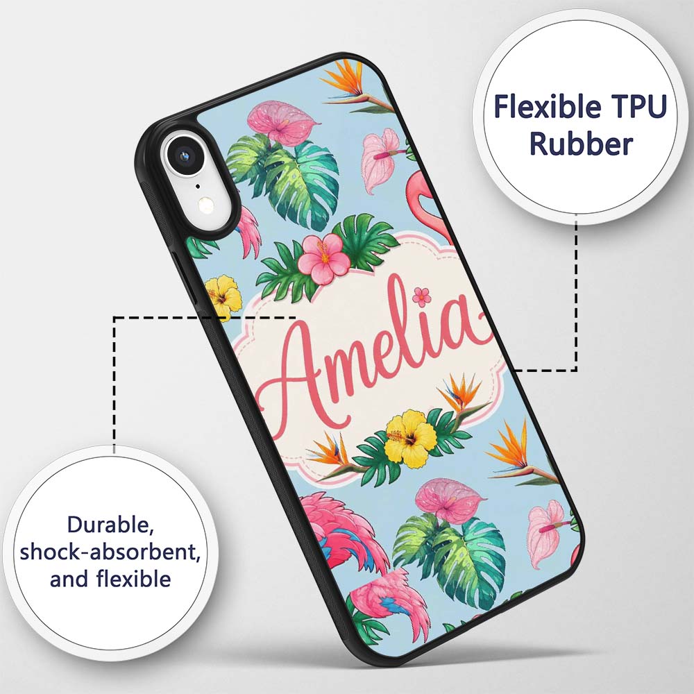 Tropical Flamingo Bird with Exotic Flowers Leaf Custom Name Protective Phone Case Mobile Cover Durable Everyday Smartphone Shock Resistant