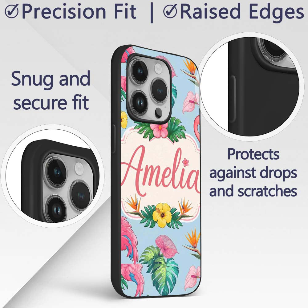 Tropical Flamingo Bird with Exotic Flowers Leaf Custom Name Protective Phone Case Mobile Cover Durable Everyday Smartphone Shock Resistant